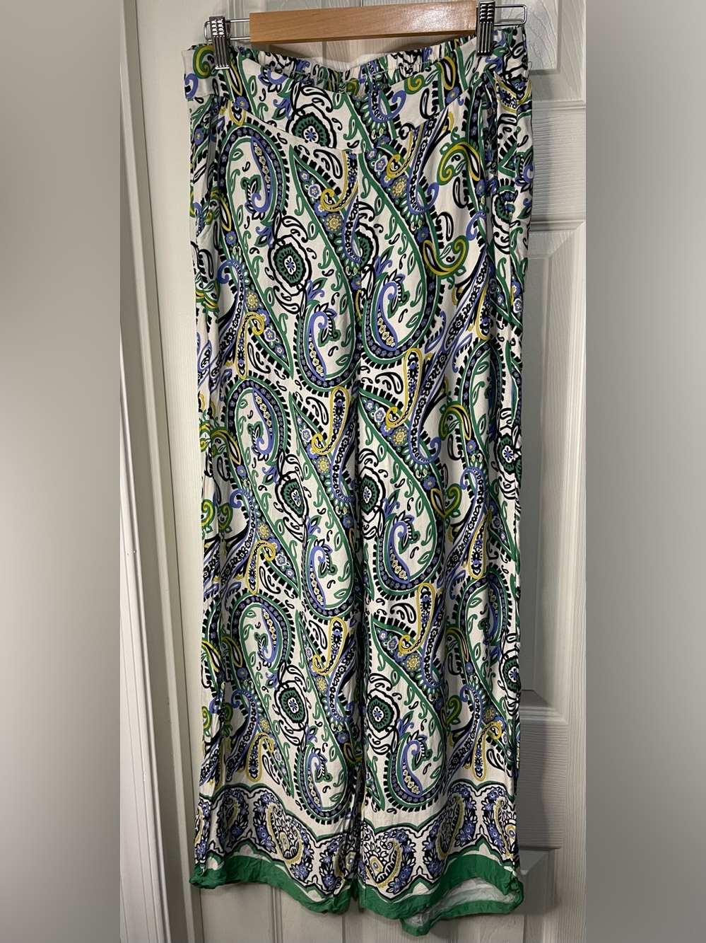 Blue Green Pull On Boho Paisley Printed Lightweight Wide Leg Pants size Med